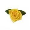 A yellow rose with green leaves on top of it.