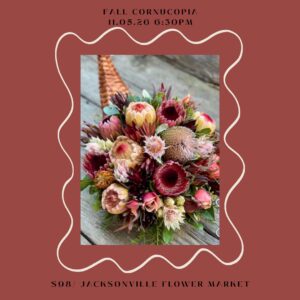 Autumn protea cornucopia bouquet on wood
