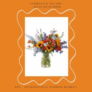 Floral arrangement with event details, orange background.