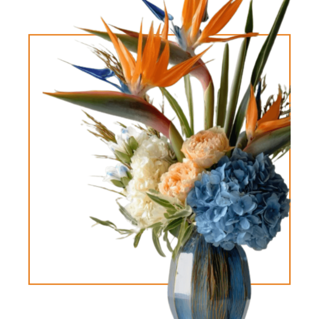 Bird of Paradise bouquet with blue hydrangea